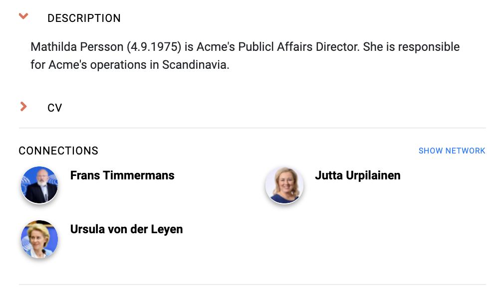 Yhteydet vaikuttajan profiilinäkymässä.