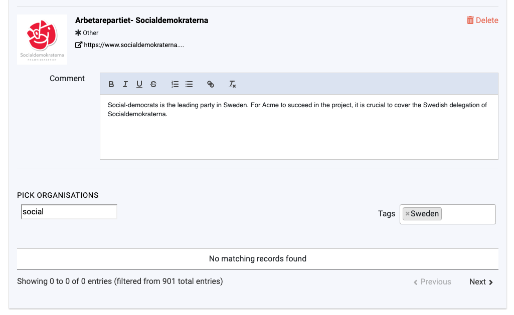 Projektiin valitut organisaatiot listattuna
