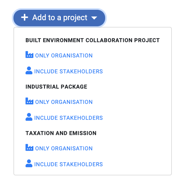 Lisää projektiin -pudotusvalikko organisaation Projektit-välilehdellä