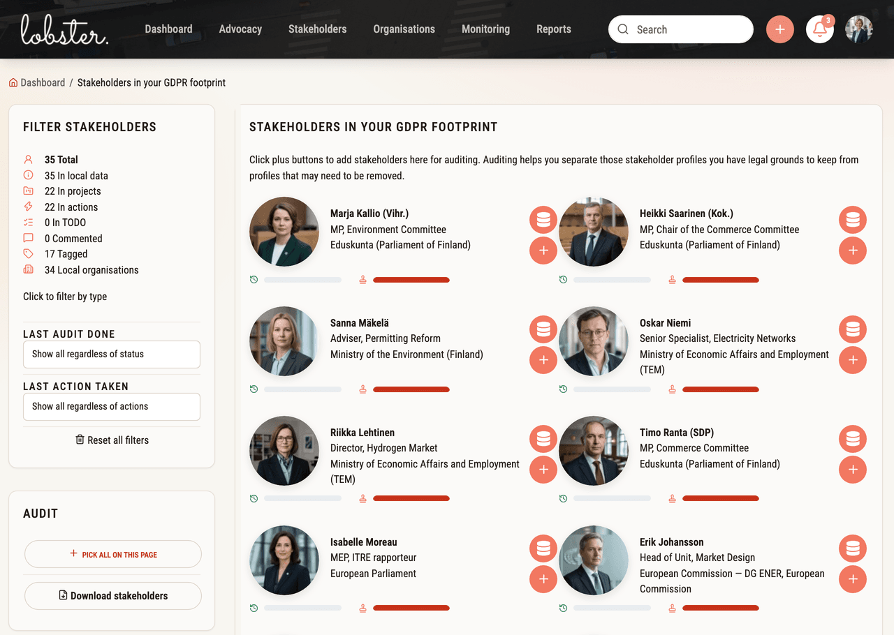 The GDPR Audit view in Lobster