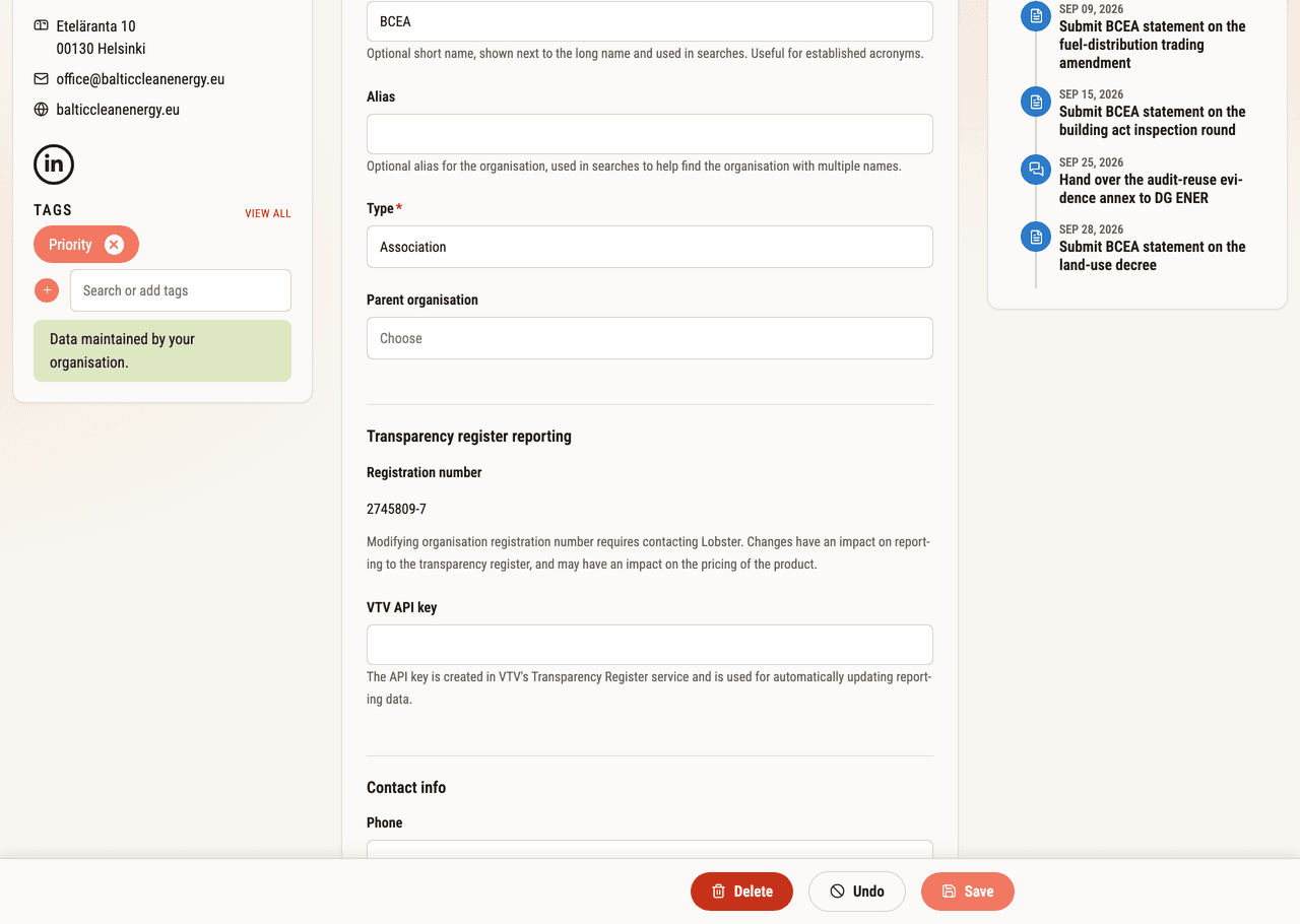 Entering the API key into Lobster's organisation basic info