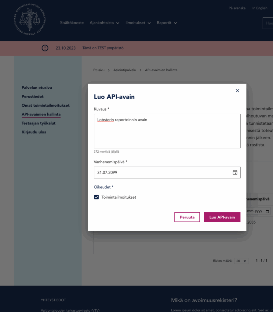 Logging in to the Transparency Register to create an API key