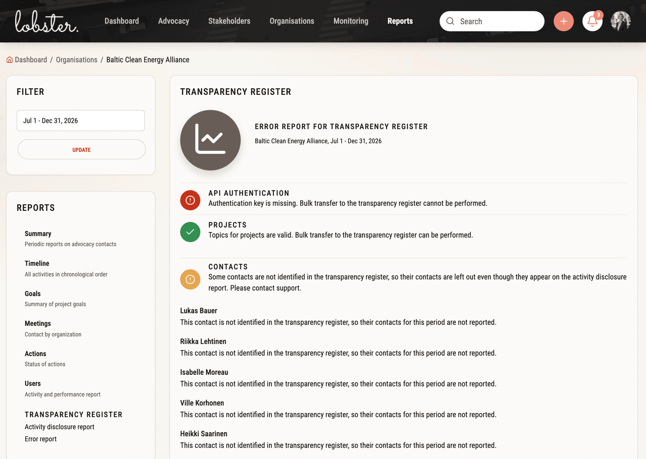 The Transparency Register error report in Lobster