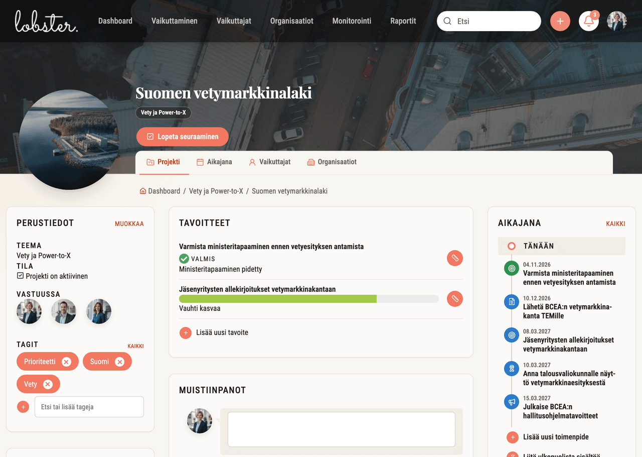 Tavoite projektisivun yläosassa