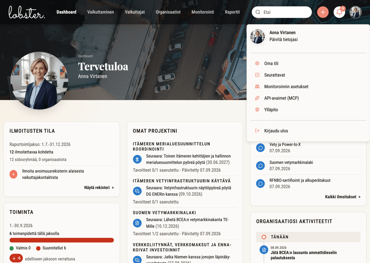 Asetusvalikko Lobsterin dashboardilla