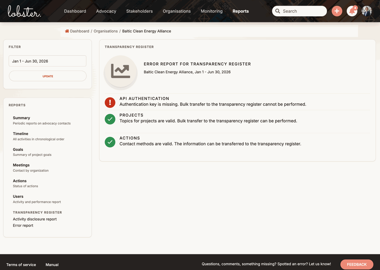 Lobster activity report error checks