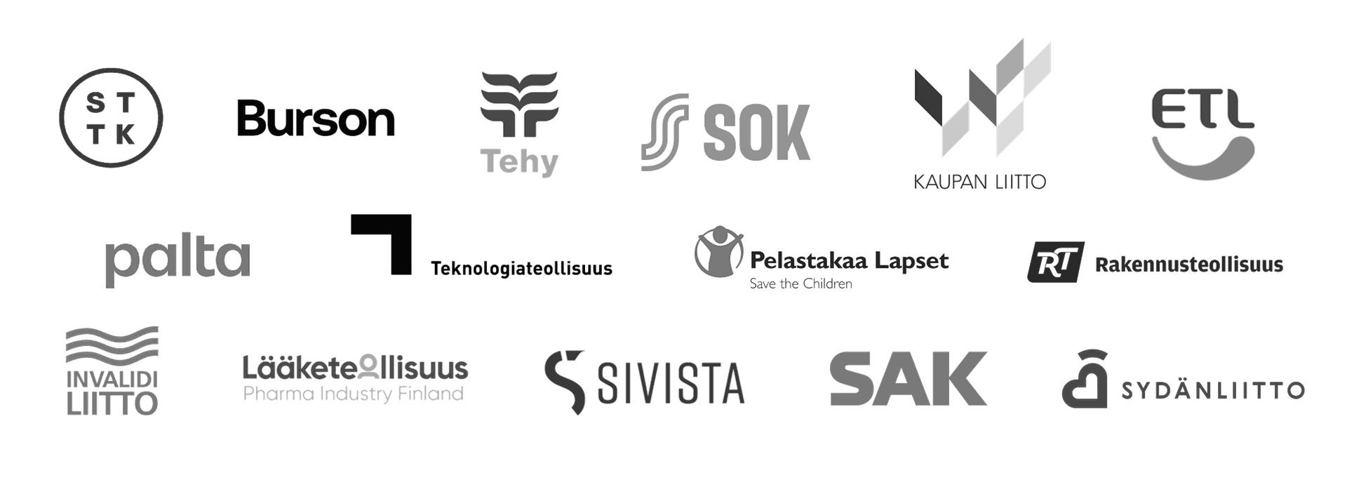 Logos of organisations that trust Lobster: STTK, Burson, Tehy, SOK, Kaupan liitto, ETL, Palta, Teknologiateollisuus, Pelastakaa Lapset, Rakennusteollisuus, Invalidiliitto, Lääketeollisuus, Sivista, SAK, Sydänliitto