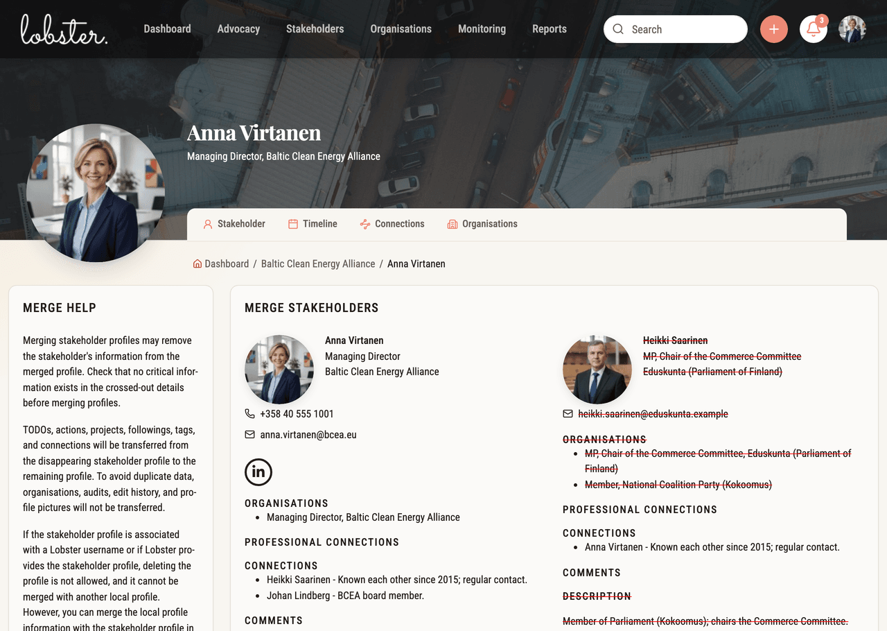The merge view showing data of both stakeholder profiles