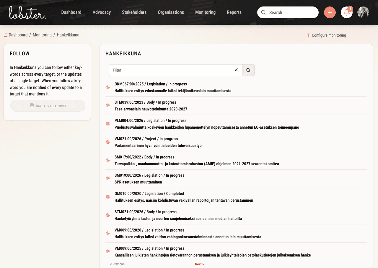 Legislative project (Hankeikkuna) monitoring in Lobster