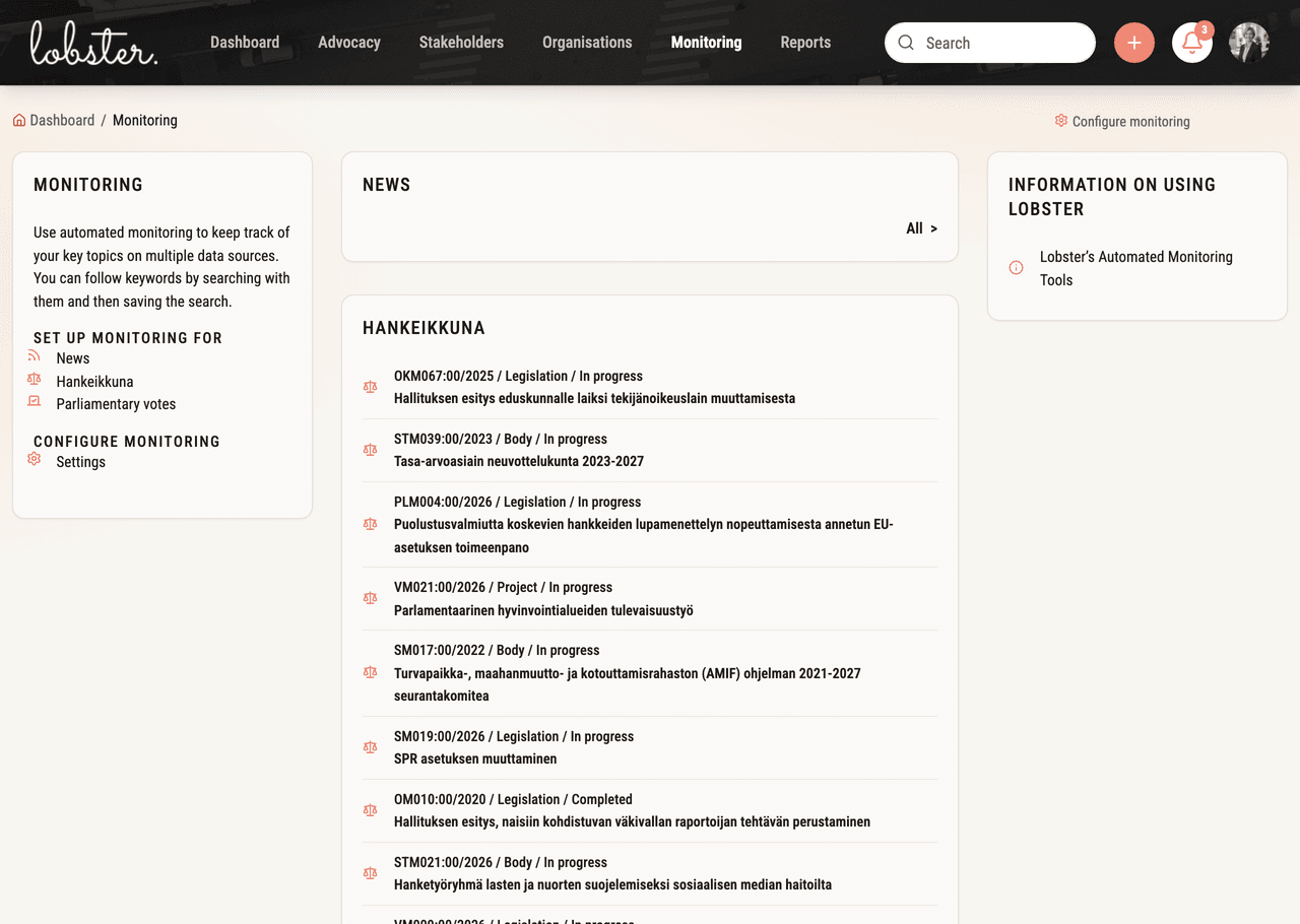 Newsfeed keyword search in Lobster's monitoring