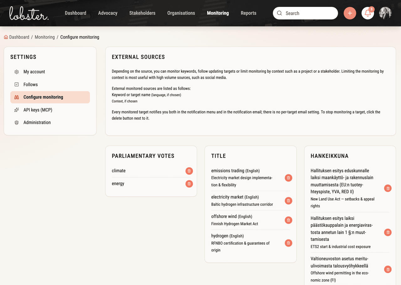 Monitoring settings in Lobster