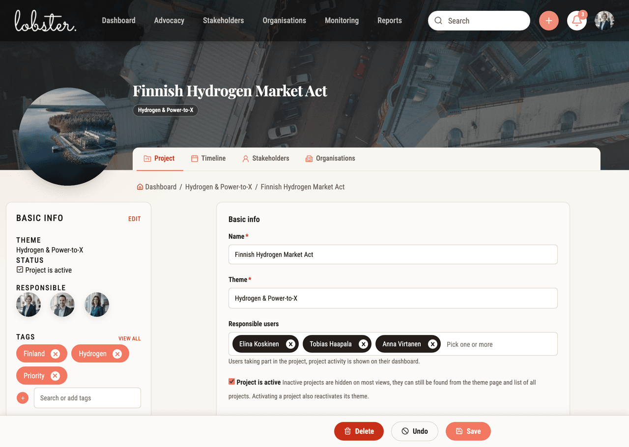 Editing Transparency Register fields on a project in Lobster