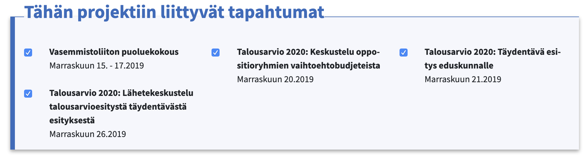 Projektiin liittyvien tapahtumien valinta Lobsterissa