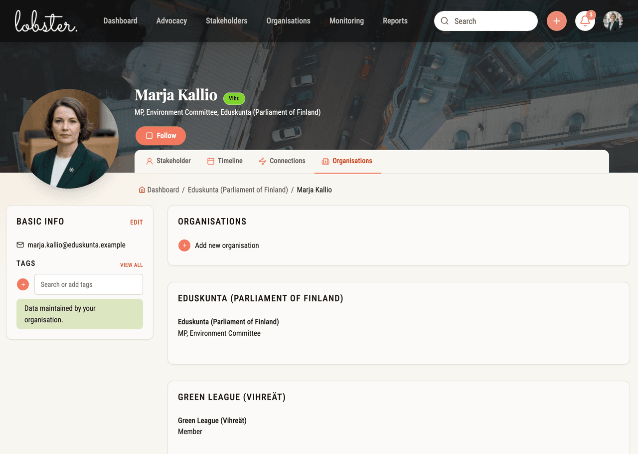 Adding organisation info to a stakeholder profile in Lobster