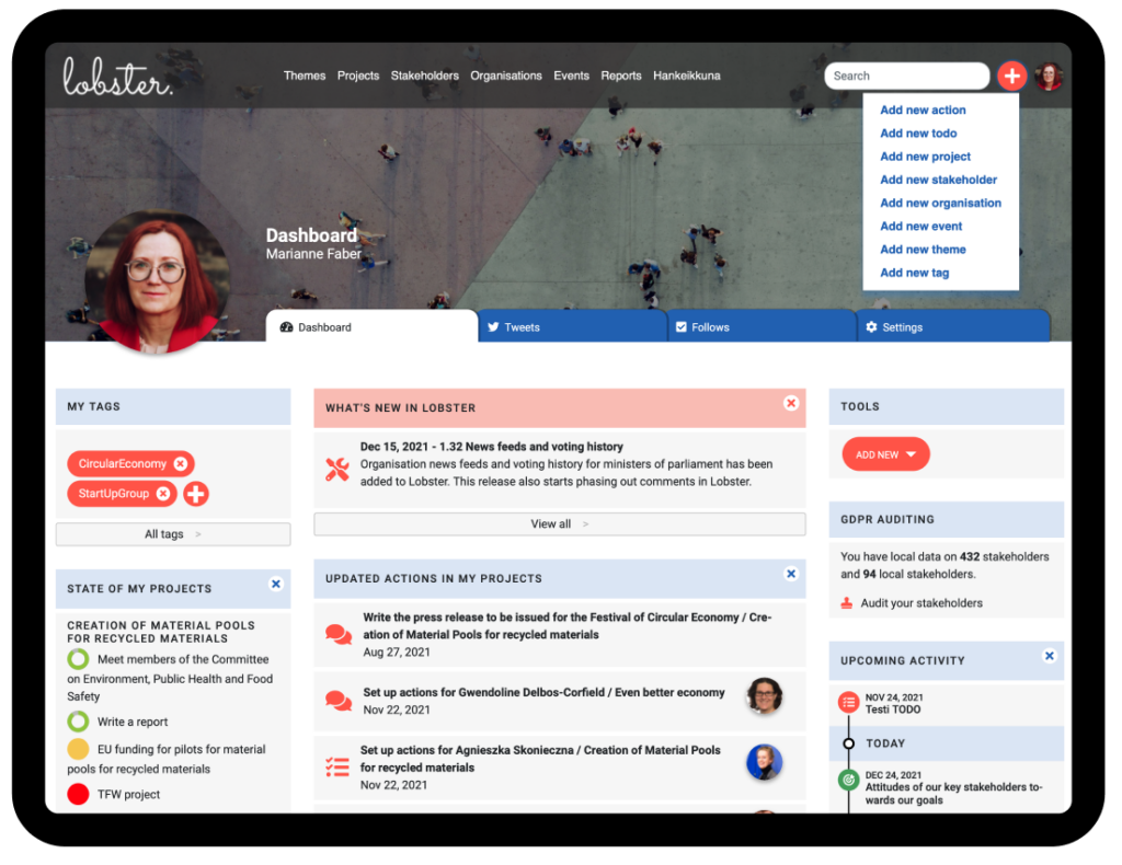 The + button on the Lobster top menu, opened to show the Add new options.