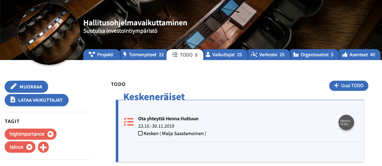 TODOn voi lisätä oikean yläreunan lisäyspainikkeesta tai projektin TODO-välilehdeltä