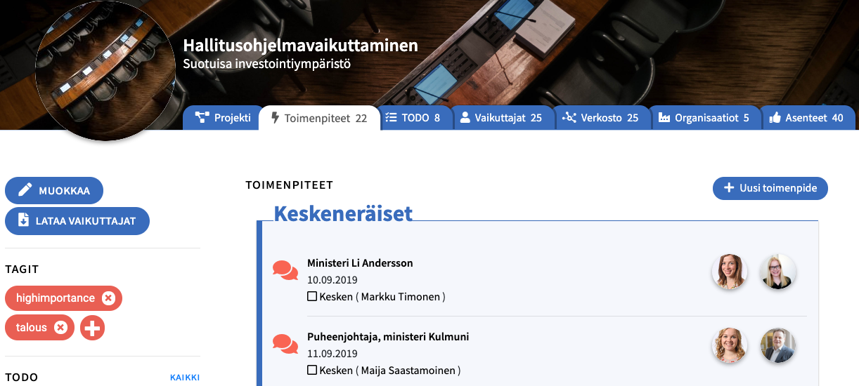 Projektin Toimenpide-välilehti Lobsterissa