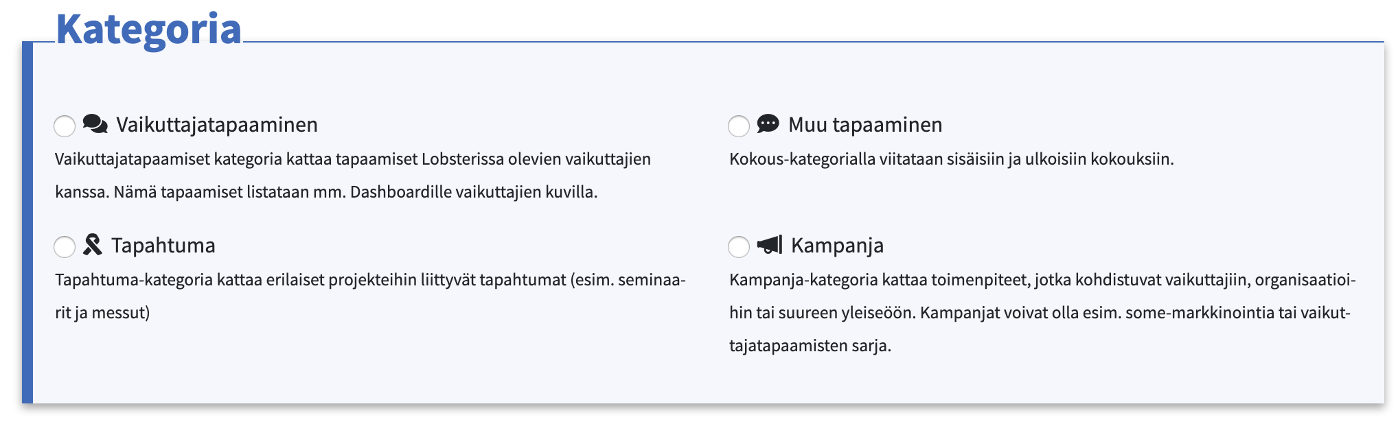 Toimenpiteen kategorian valinta Lobsterissa