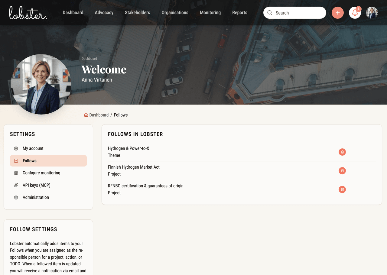 Follow settings on the Lobster Dashboard