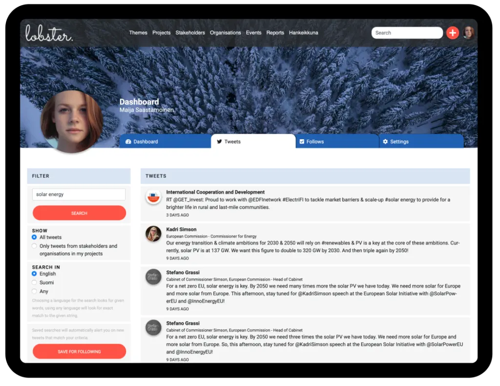 Lobsterin Twitter-syöte tabletilla