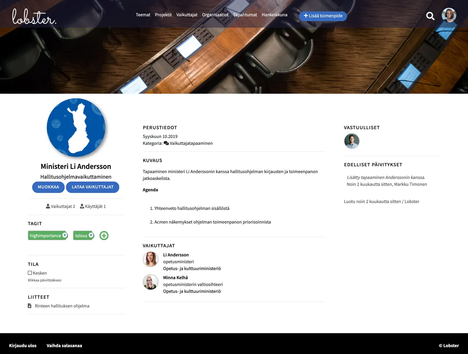 Toimenpiteen muokkaussivu, jolla lisätään toissijaisia projekteja