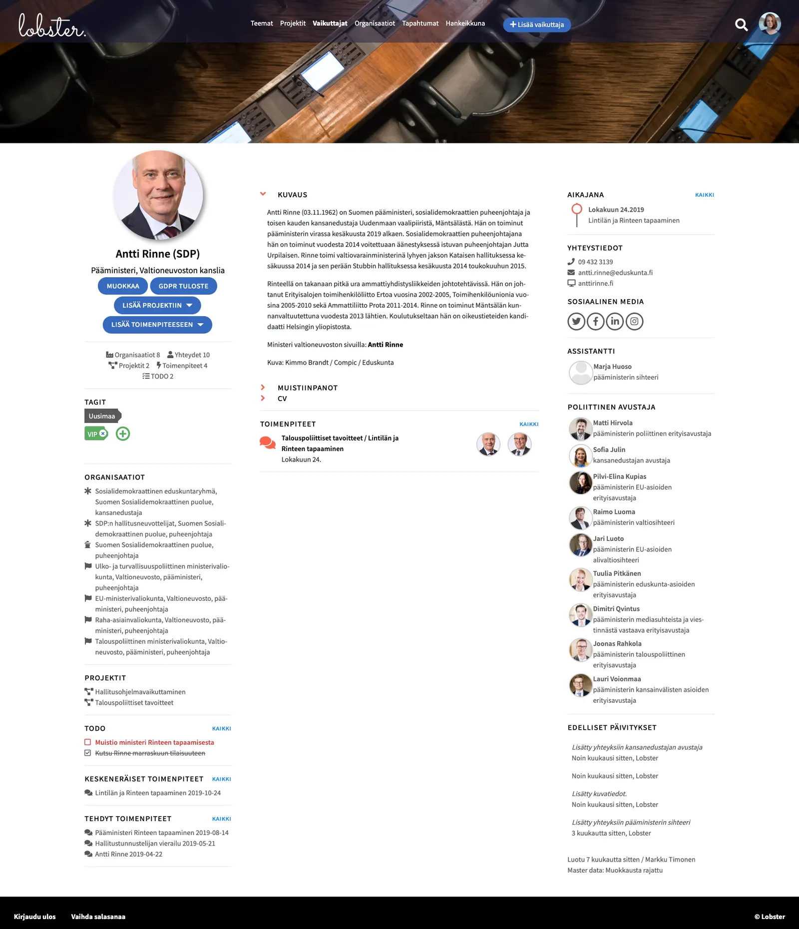 Esimerkki ministeri-kansanedustajan profiilista Lobsterissa